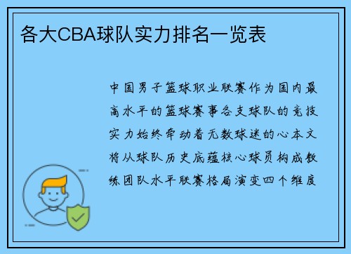 各大CBA球队实力排名一览表