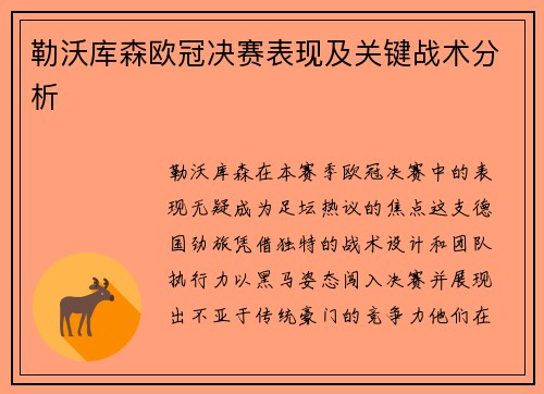 勒沃库森欧冠决赛表现及关键战术分析