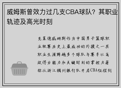 威姆斯曾效力过几支CBA球队？其职业轨迹及高光时刻